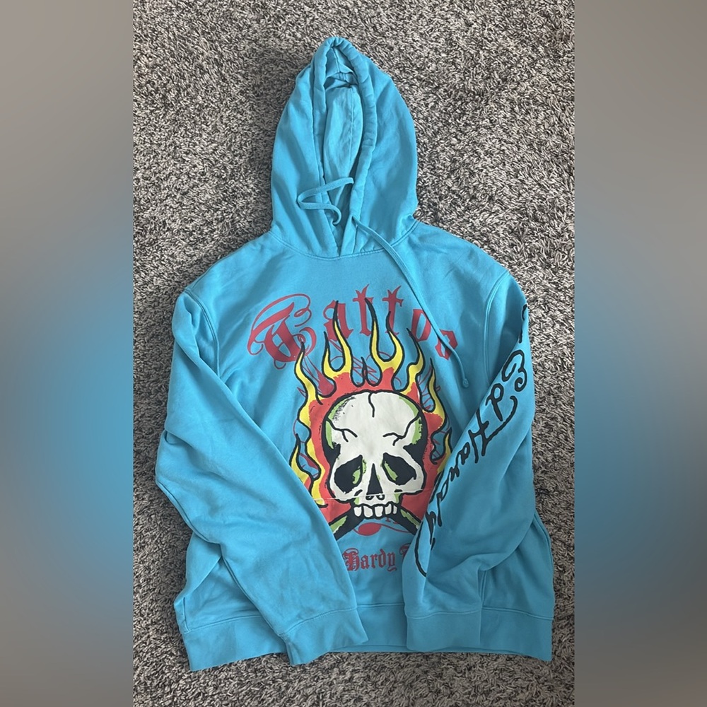 Ed Hardy Turquoise Skull Graphic Hoodie